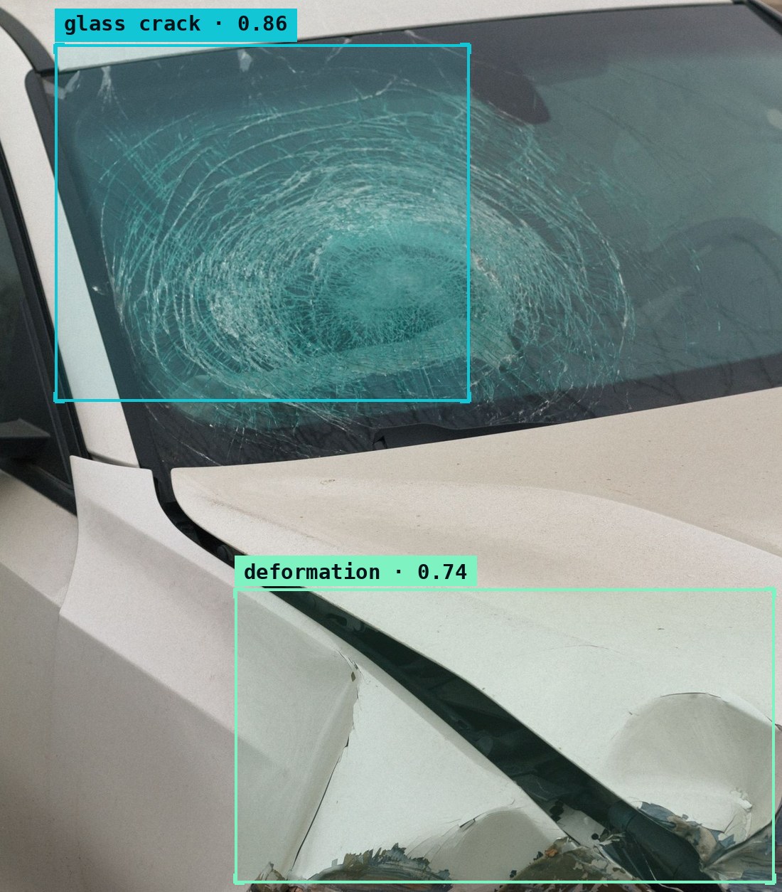 AI vision detecting a cracked windshield and panel deformation on a vehicle