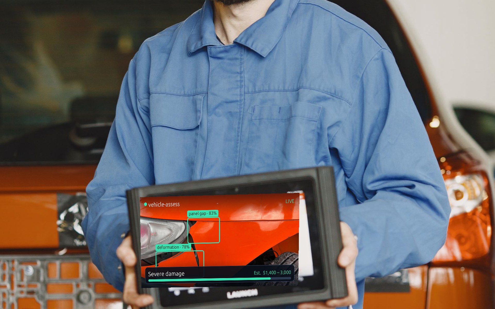 An auto technician holding a tablet that shows Superbuyer's AI assessment of the car behind him — detected damage boxed with confidence scores