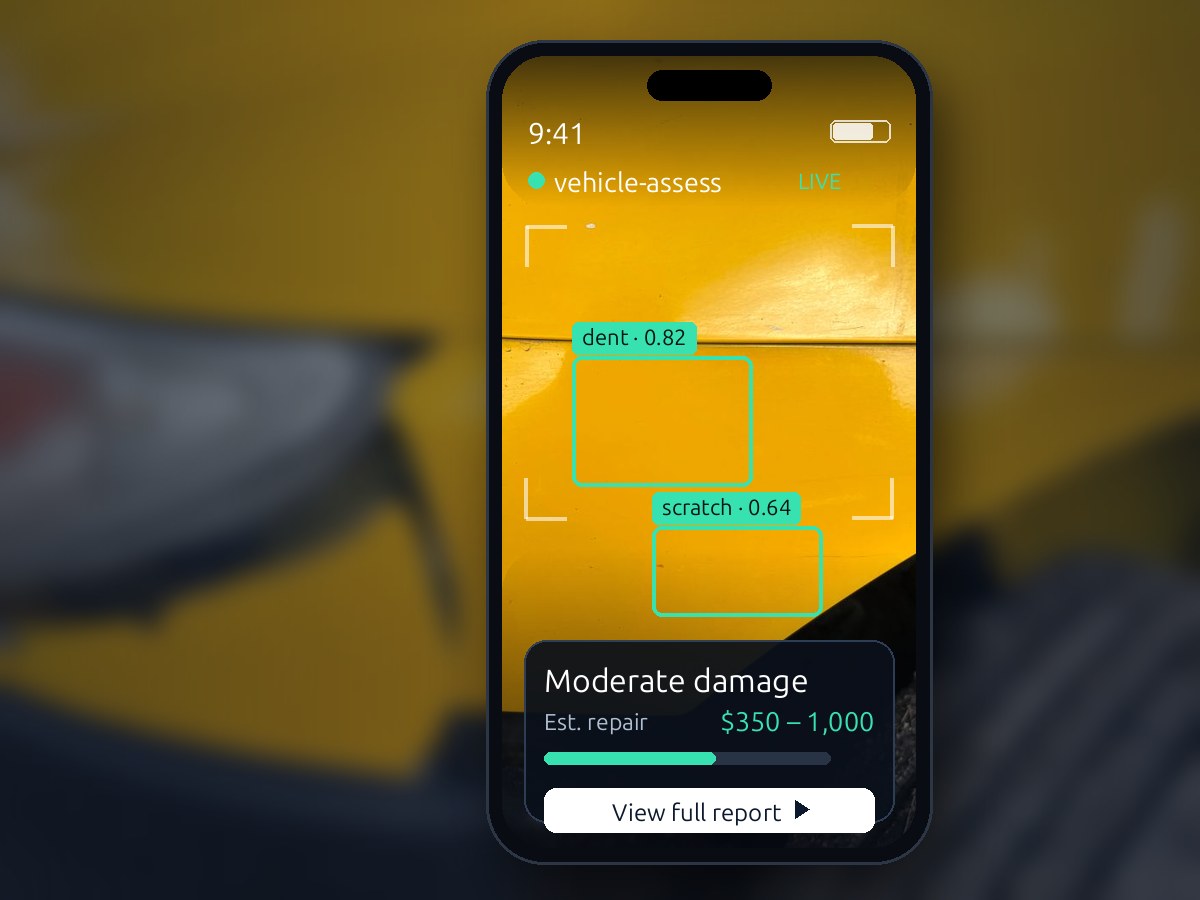 A smartphone running Superbuyer's vehicle-damage assessment — detected damage highlighted with an estimated repair cost